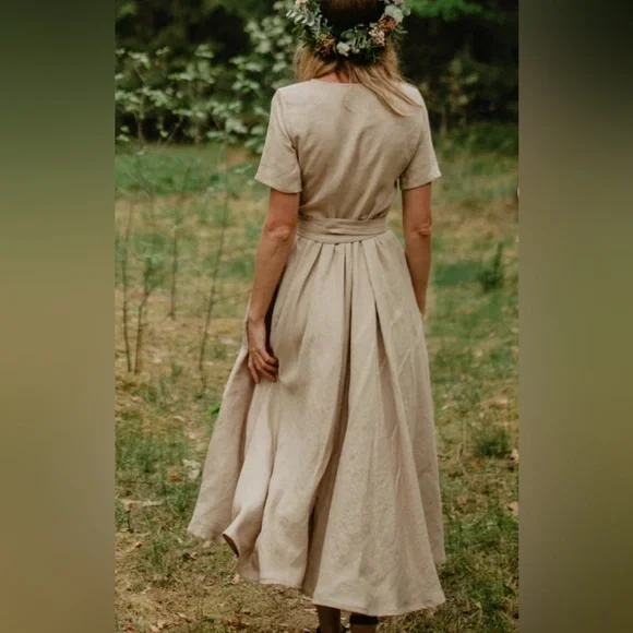 Mantaikotai Beige Lisbon Linen Wrap Dress Lisbon S - Picture 2 of 6